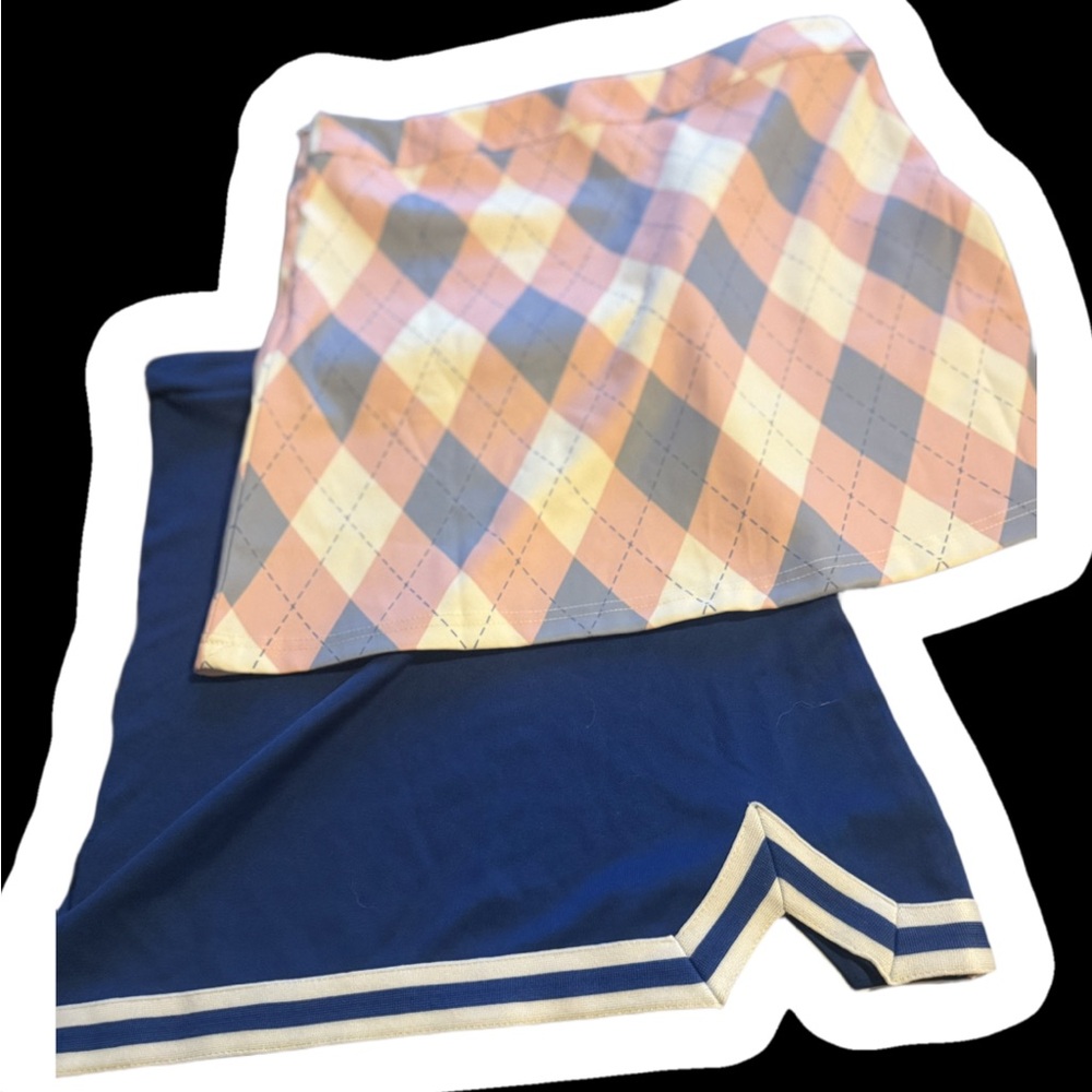 2 mini skirts: plaid and blue sporty